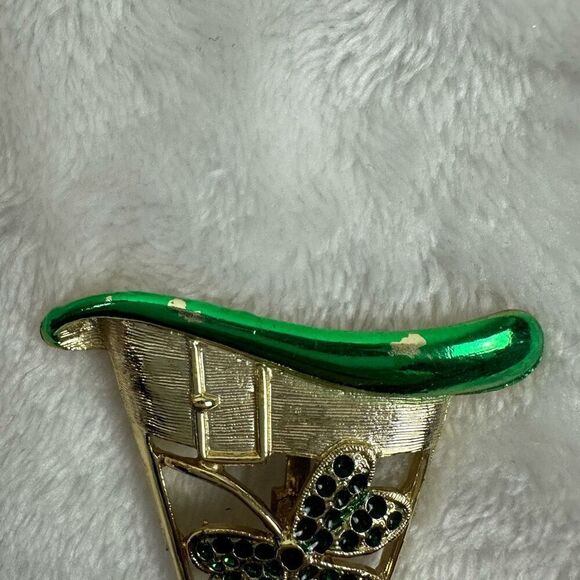 Leprechaun Hat Brooch Pin Green Gold Tone Rhinestone Shamrock St. Patrick's Day - Picture 6 of 6